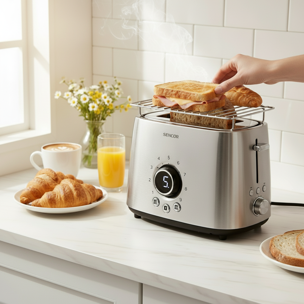 Stainless steel Sencor 3-slice toaster with two long slots and warming rack.