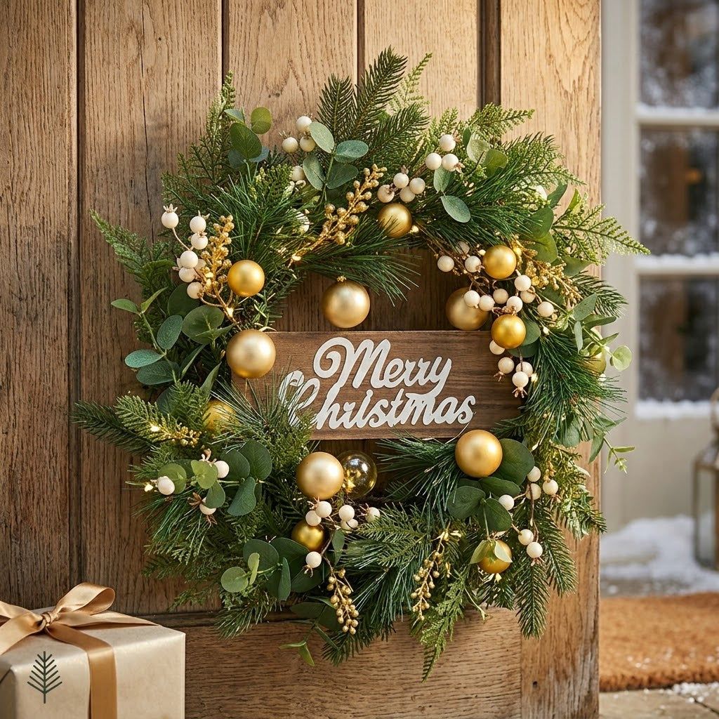 50cm Christmas door wreath with green foliage, gold baubles and ivory accents, available in Nairobi, Kenya