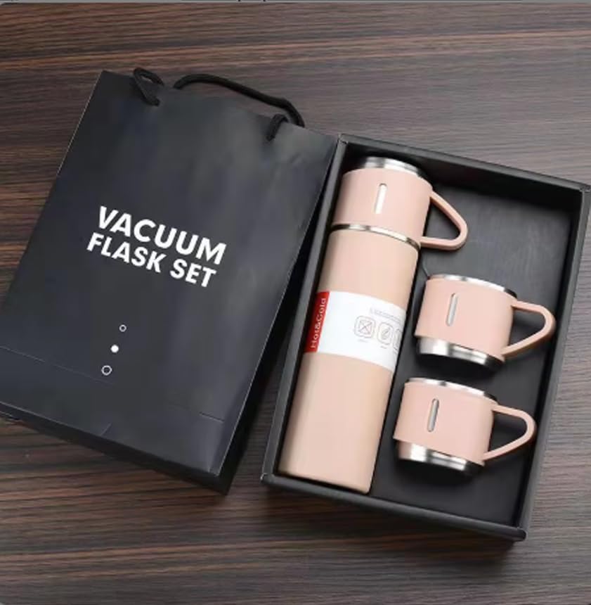 Portable Vacuum Flask with Cups – 500 ml Unbreakable Thermal Bottle