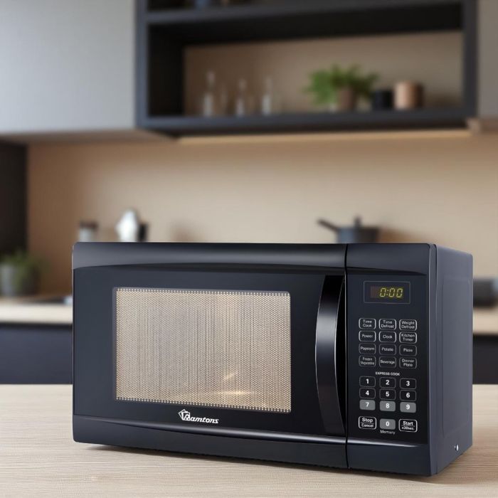 Black 23 litre digital microwave with pull handle and digital controls