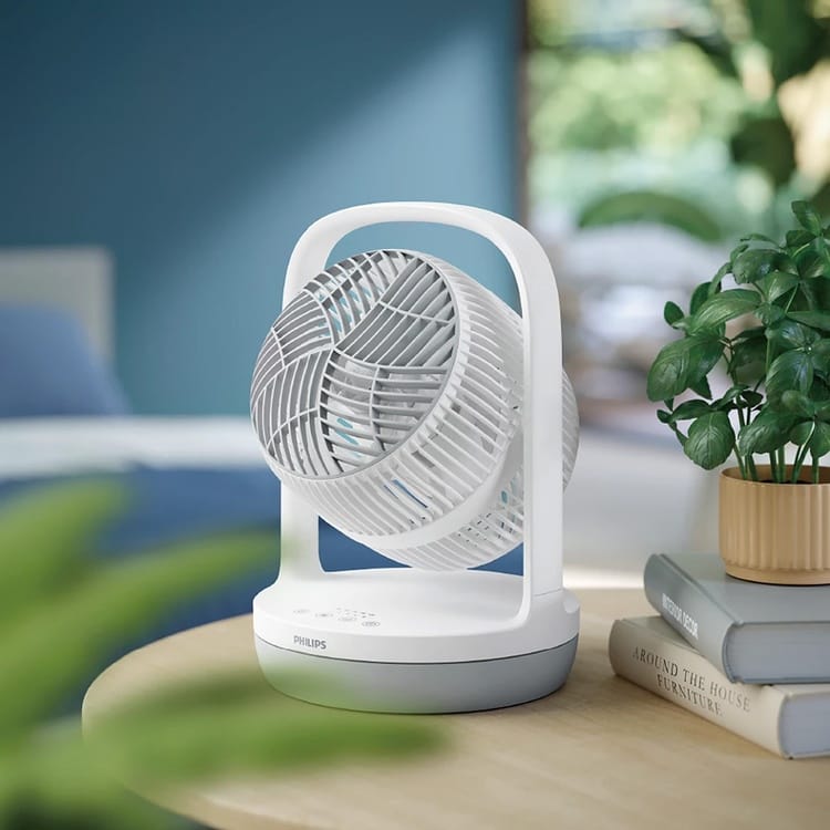 Philips Series 2000 CX2050/00 compact table fan with SilentWings technology, touch controls, quiet operation, and powerful air circulation for bedrooms and offices.