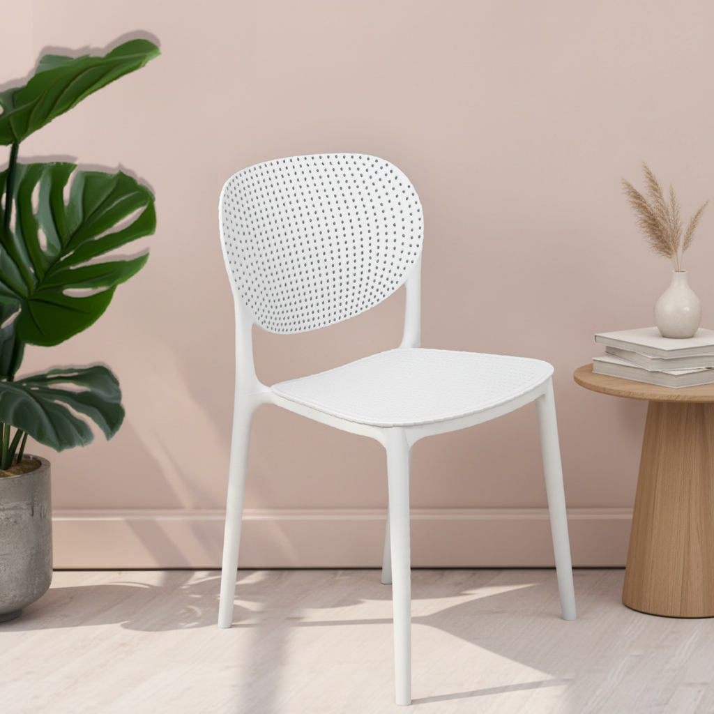 Stackable white plastic bistro chair with perforated backrest suitable for indoor and outdoor use