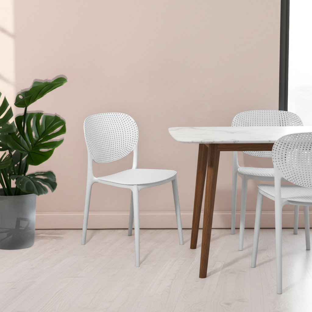 Stackable White Plastic Bistro Chair with Perforated Backrest