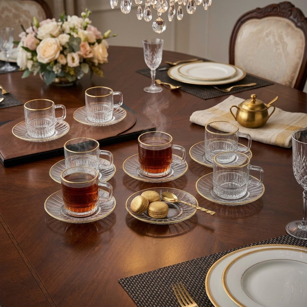 6-piece glass cup and saucer set with gold rim, 270ml cups, available in Nairobi, Kenya