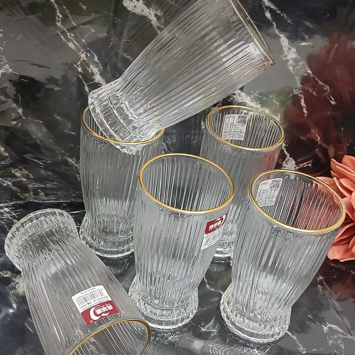 6-piece borosilicate glass drinking set with gold rim for water and juice, available in Nairobi, Kenya