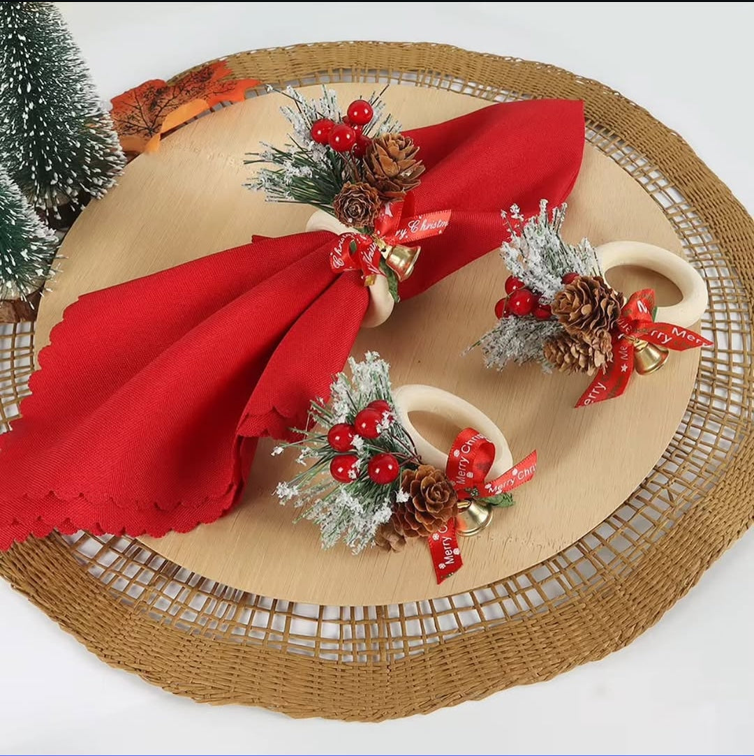 6-piece Christmas cedar-inspired wooden napkin rings with red fruit accents, decorative bows and bells, available in Nairobi, Kenya