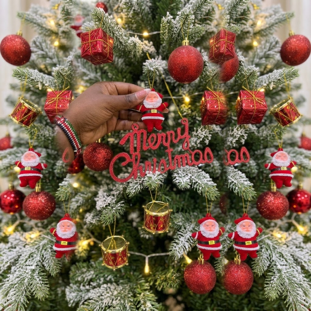 6-piece Christmas decoration set with shiny baubles, mini gift boxes, small drums, Santa faces and glittering Merry Christmas sign, available in Nairobi, Kenya