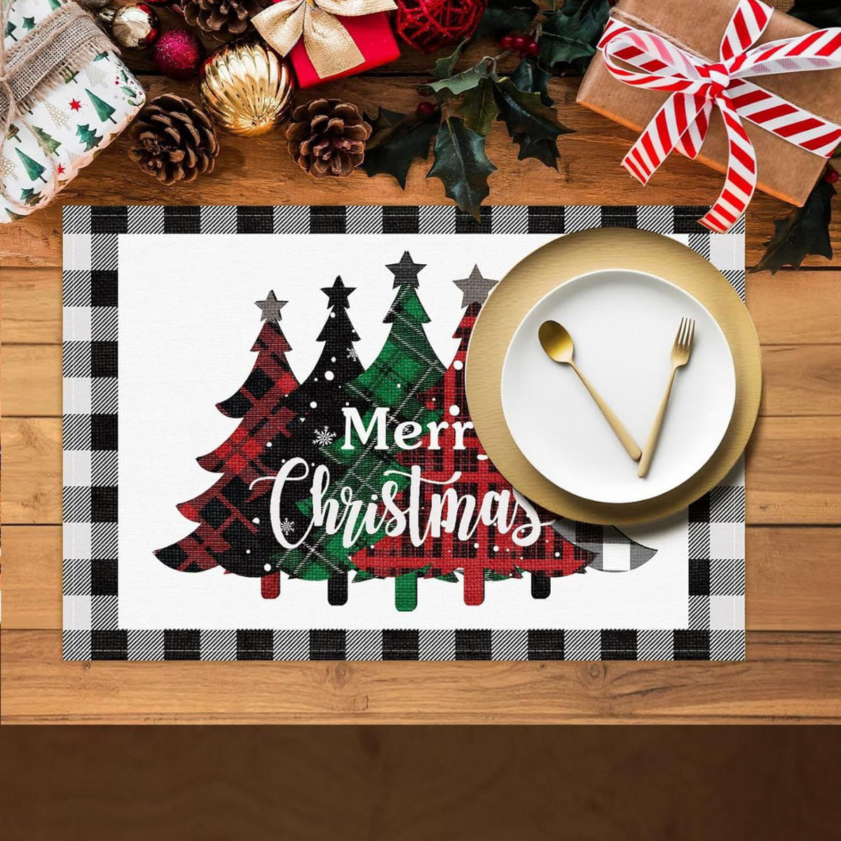 6-piece plaid Christmas rectangular placemats, 28 × 44cm, 100% spun polyester, available in Nairobi, Kenya