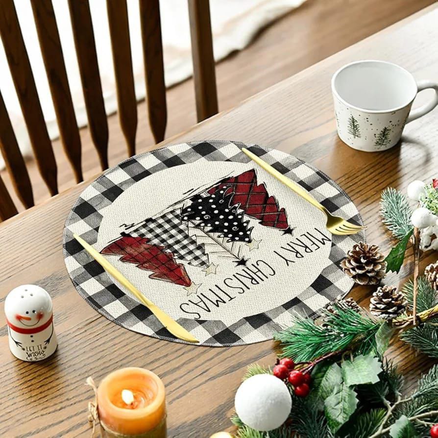 6-piece plaid Christmas round placemats, 34cm, 100% spun polyester, available in Nairobi, Kenya