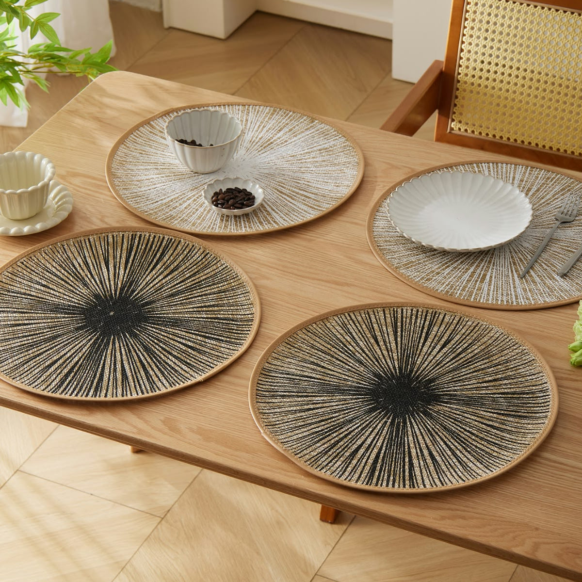 6-piece round burlap macrame placemat set, Bohemian jute-style country table mats, available in Nairobi, Kenya