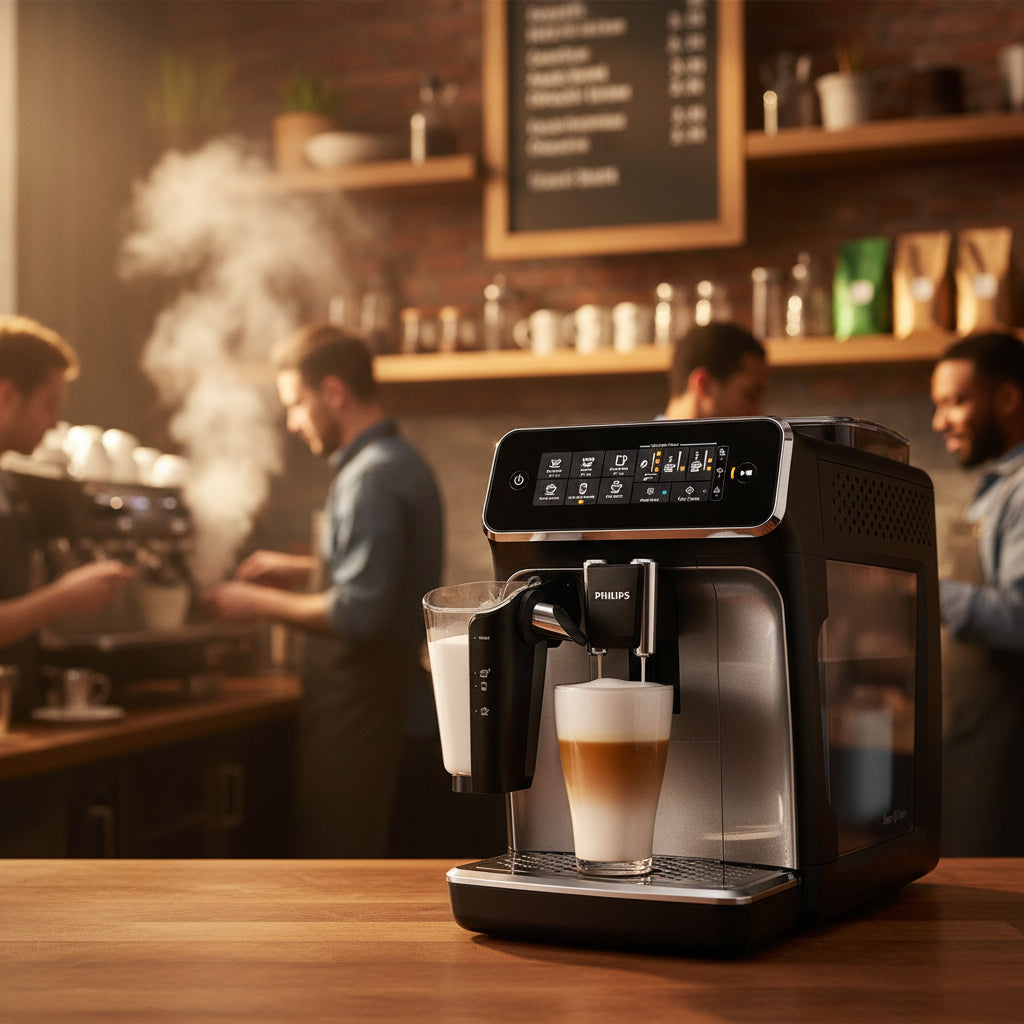 Philips 3300 Series EP3347/90 fully automatic bean-to-cup espresso machine with LatteGo milk system, ceramic grinder, and one-touch beverage preparation for offices and commercial environments