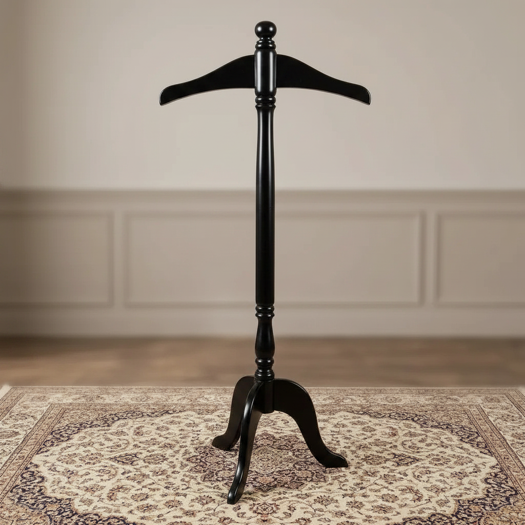 Classic wooden valet stand with integrated hanger top and tripod base, available in natural wood and black finishes.