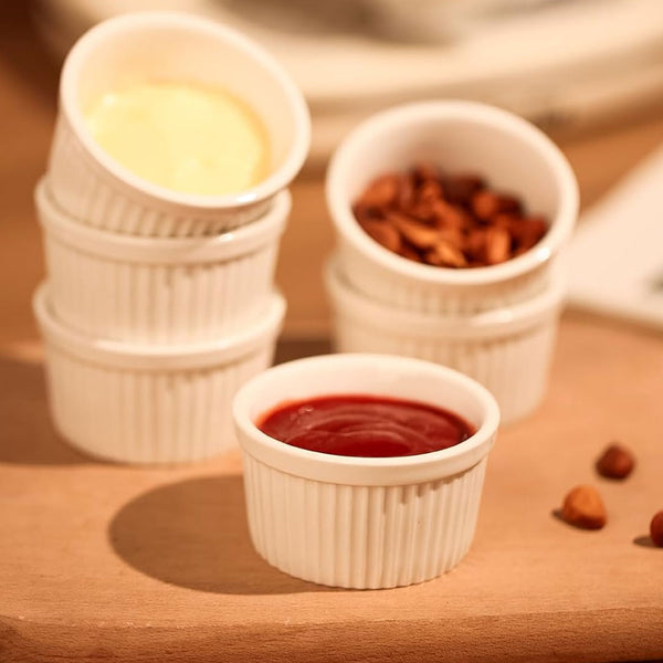 Oven-safe porcelain ramekin available in 6 cm and 8.9 cm diameters