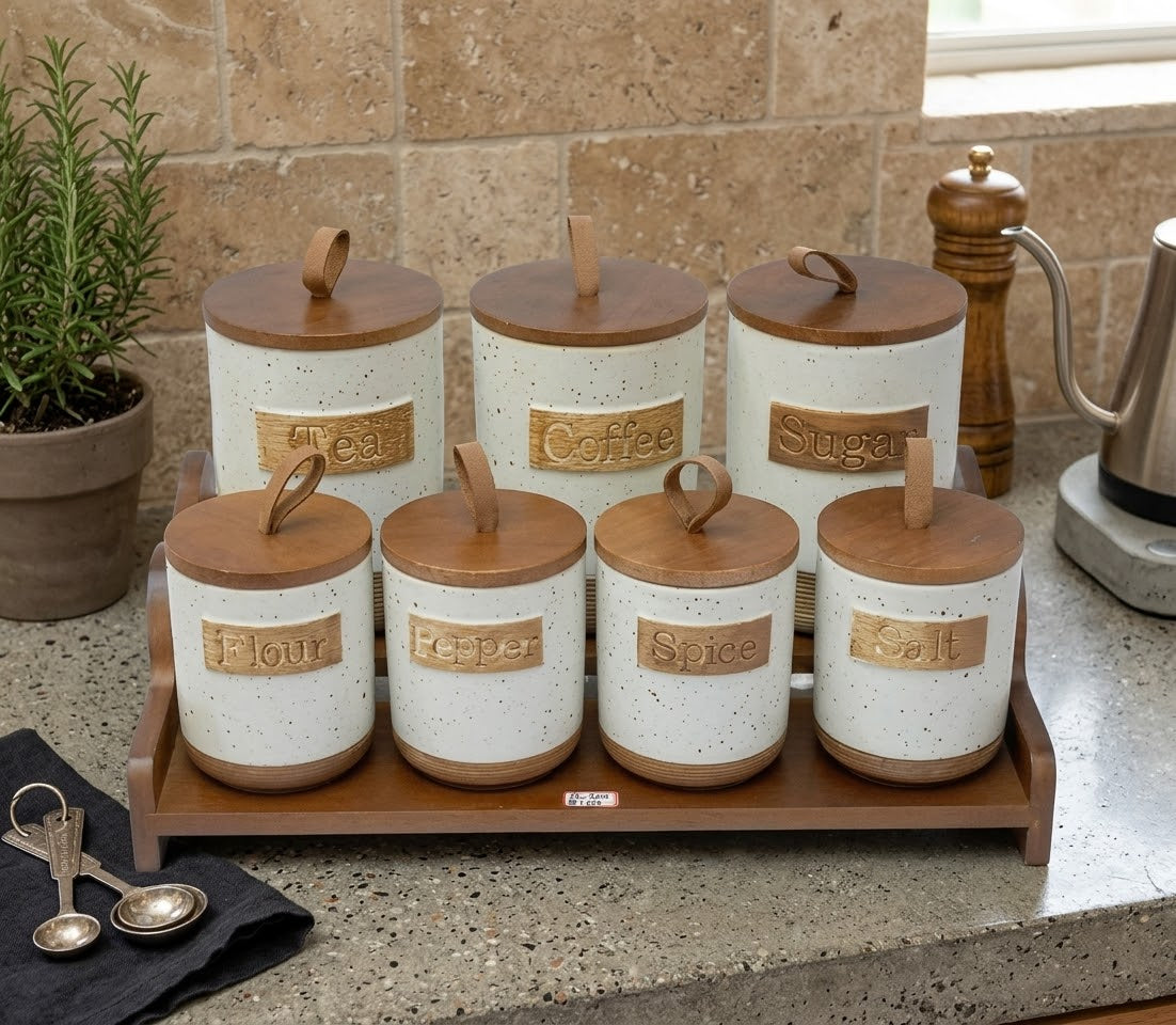 Design 1: 7-piece ceramic kitchen storage canisters set with bamboo rack and wooden lids, Design 1, available in Nairobi, Kenya