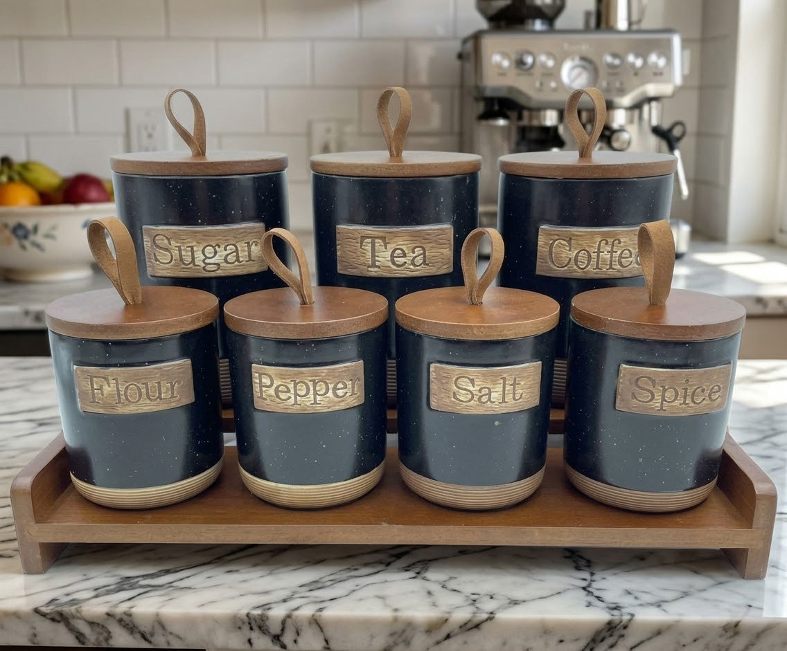 Design 2: 7-piece ceramic kitchen storage canisters set with bamboo rack and wooden lids, Design 2, available in Nairobi, Kenya