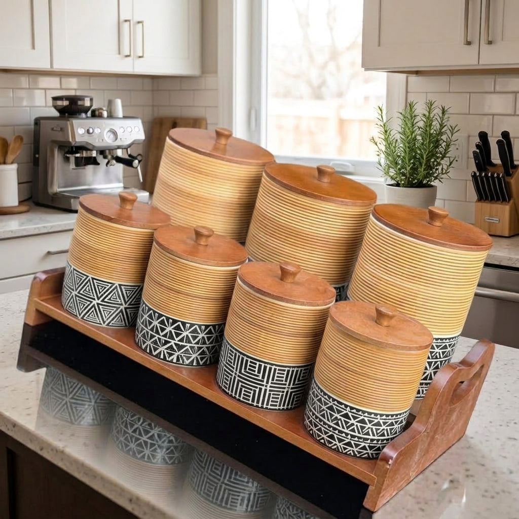 Design 3: 7-piece ceramic kitchen storage canisters set with bamboo rack and wooden lids, Design 3, available in Nairobi, Kenya