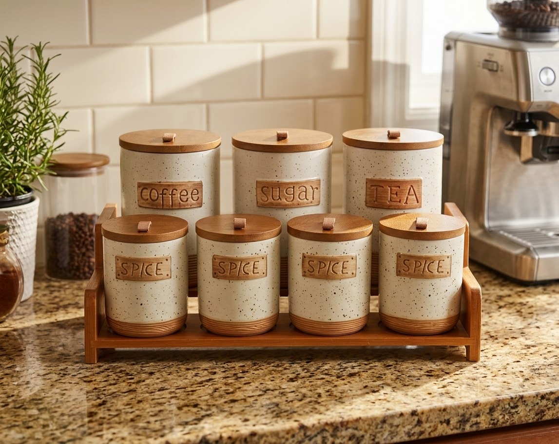 Design 4: 7-piece ceramic kitchen storage canisters set with bamboo rack and wooden lids, Design 4, available in Nairobi, Kenya