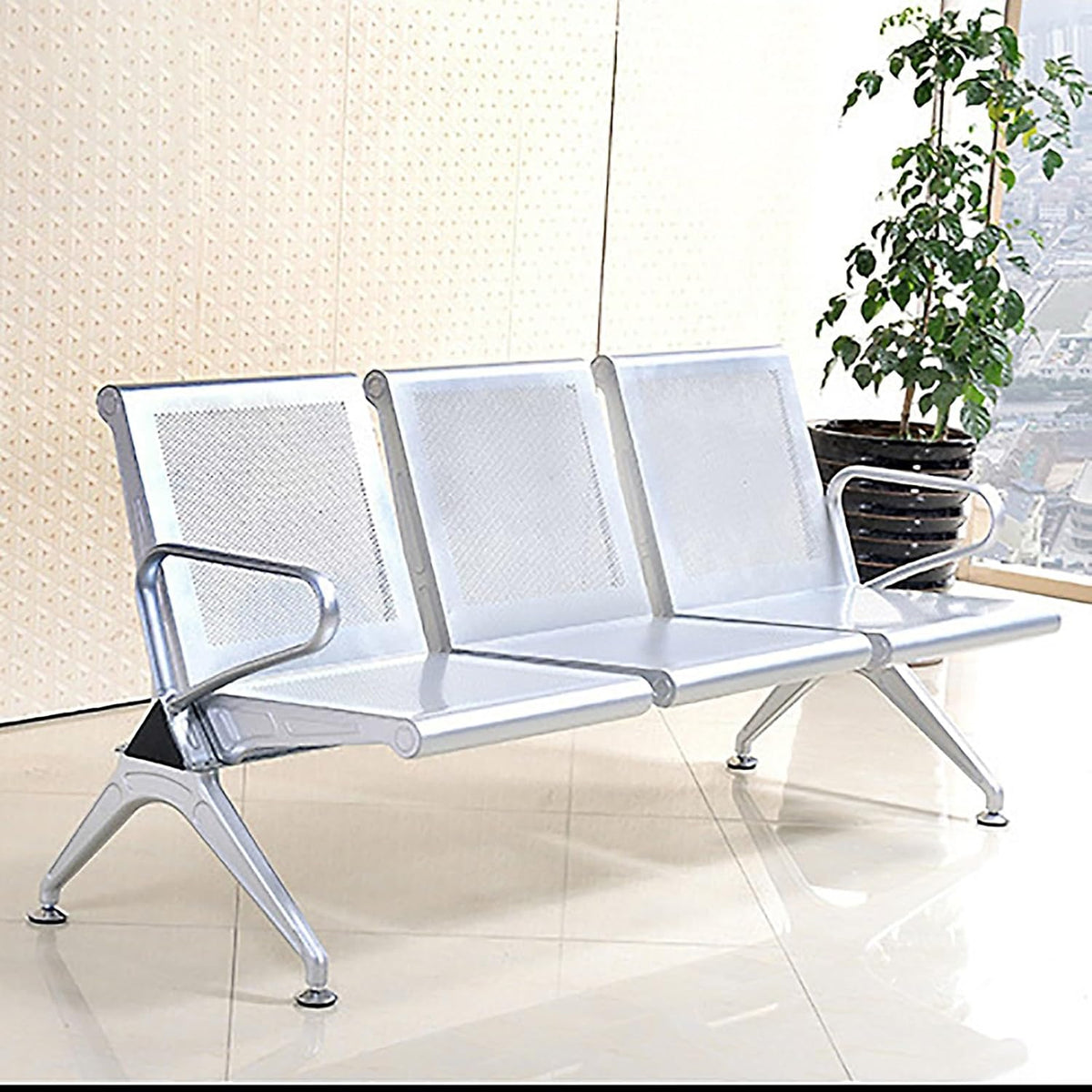 3-Seater Linked  Waiting Bay Bench – Perforated Metal with Chrome Frame
