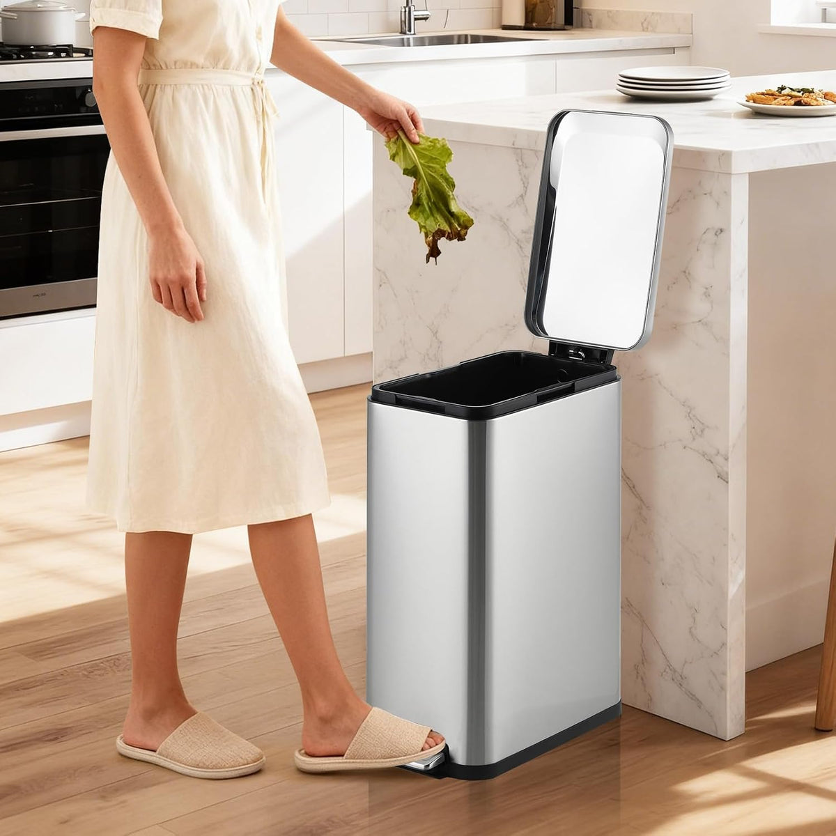 Gemelli Collections 50 litre stainless steel step bin with soft-close lid, removable inner bucket, and slim space-saving design.