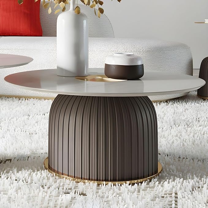 2-Piece  Marble & Aluminium Top with Pleated Fabric Base Nesting Side Table Set |