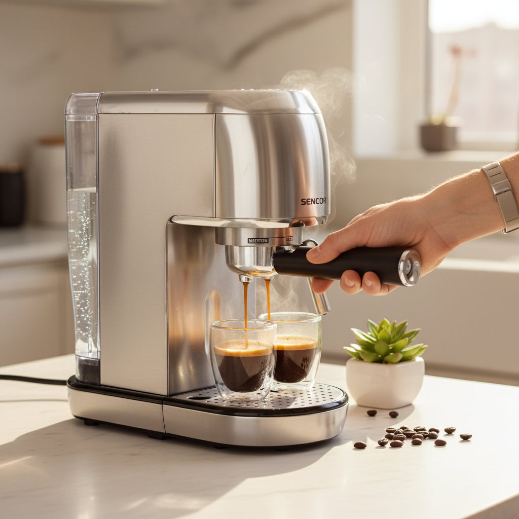 Sencor 4900SS stainless steel espresso machine with steam wand and cup warmer