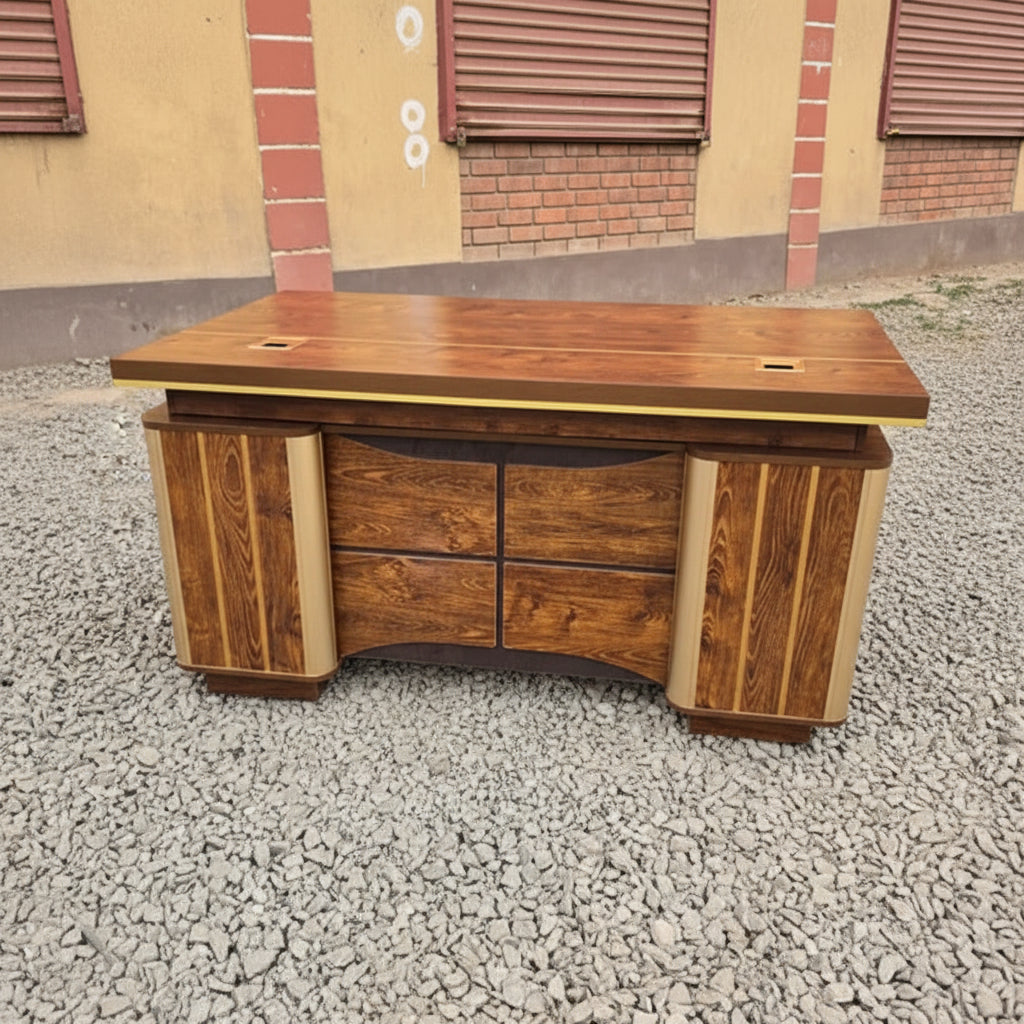 Gemelli Collection Executive Office Desk Model 2039 dark brown office desk with gold trim, curved front panels and dual cable ports