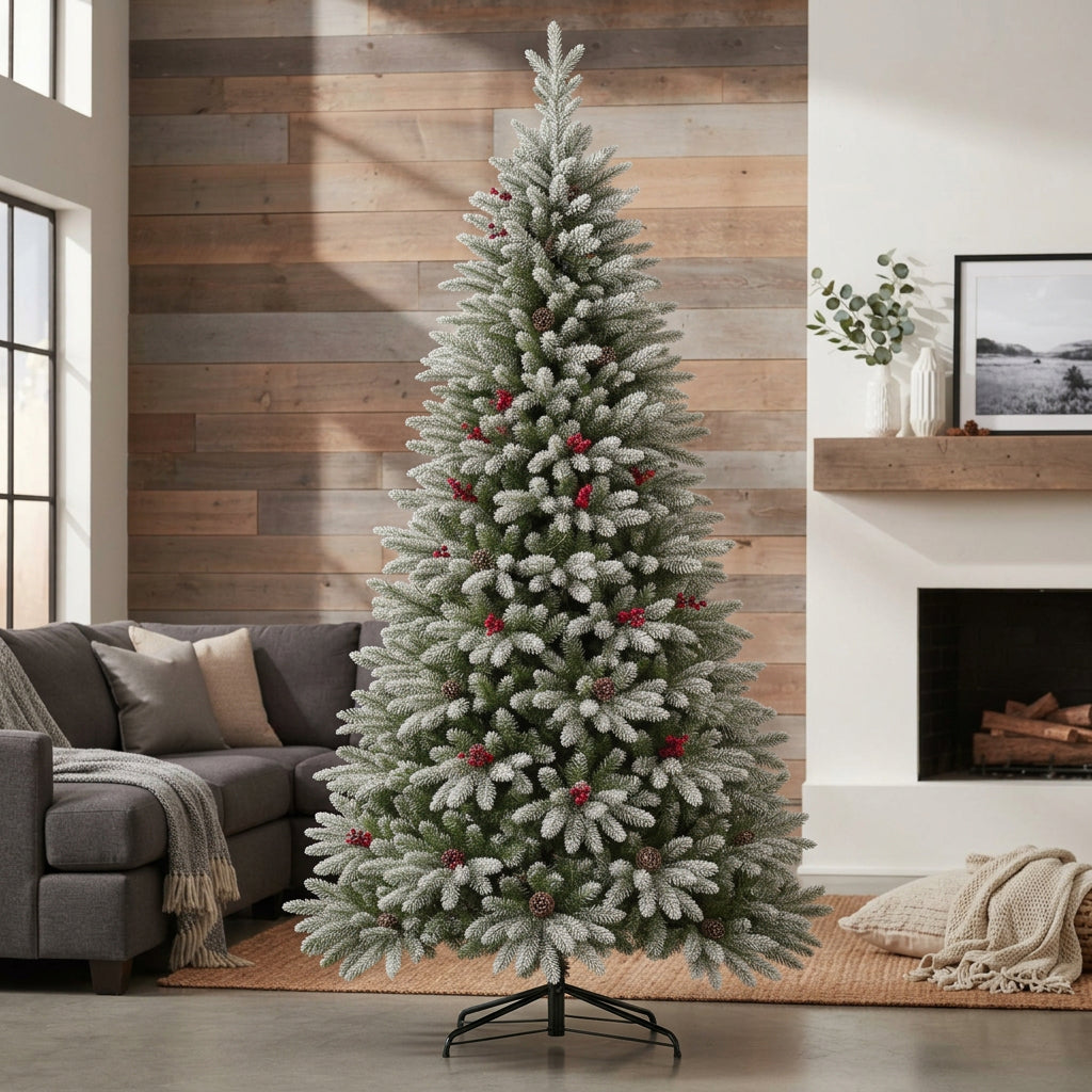 7ft and 8ft snow-flocked pine Christmas tree with pine cones, berries and 3,000 leaves, available in Nairobi, Kenya