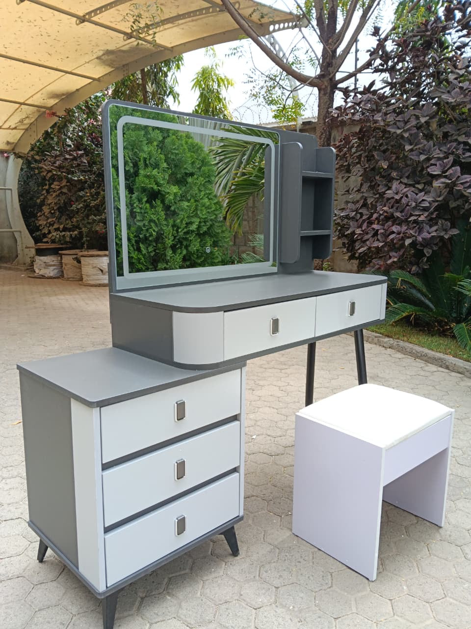 LED Dressing Table with Drawers, Shelves, and Stool