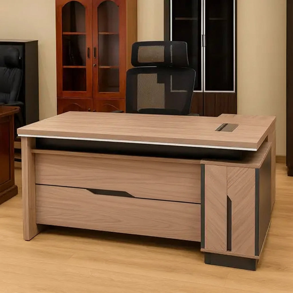 1.8m L shaped executive office desk light wood laminate with storage drawers and cable management workstation