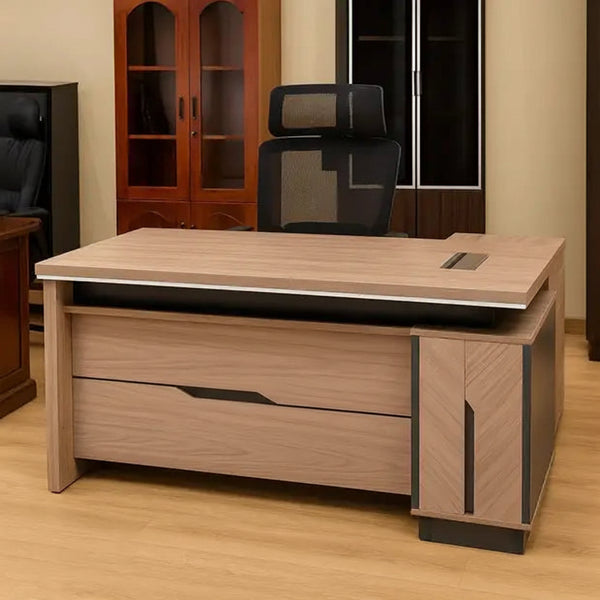 1.8m L shaped executive office desk light wood laminate with storage drawers and cable management workstation