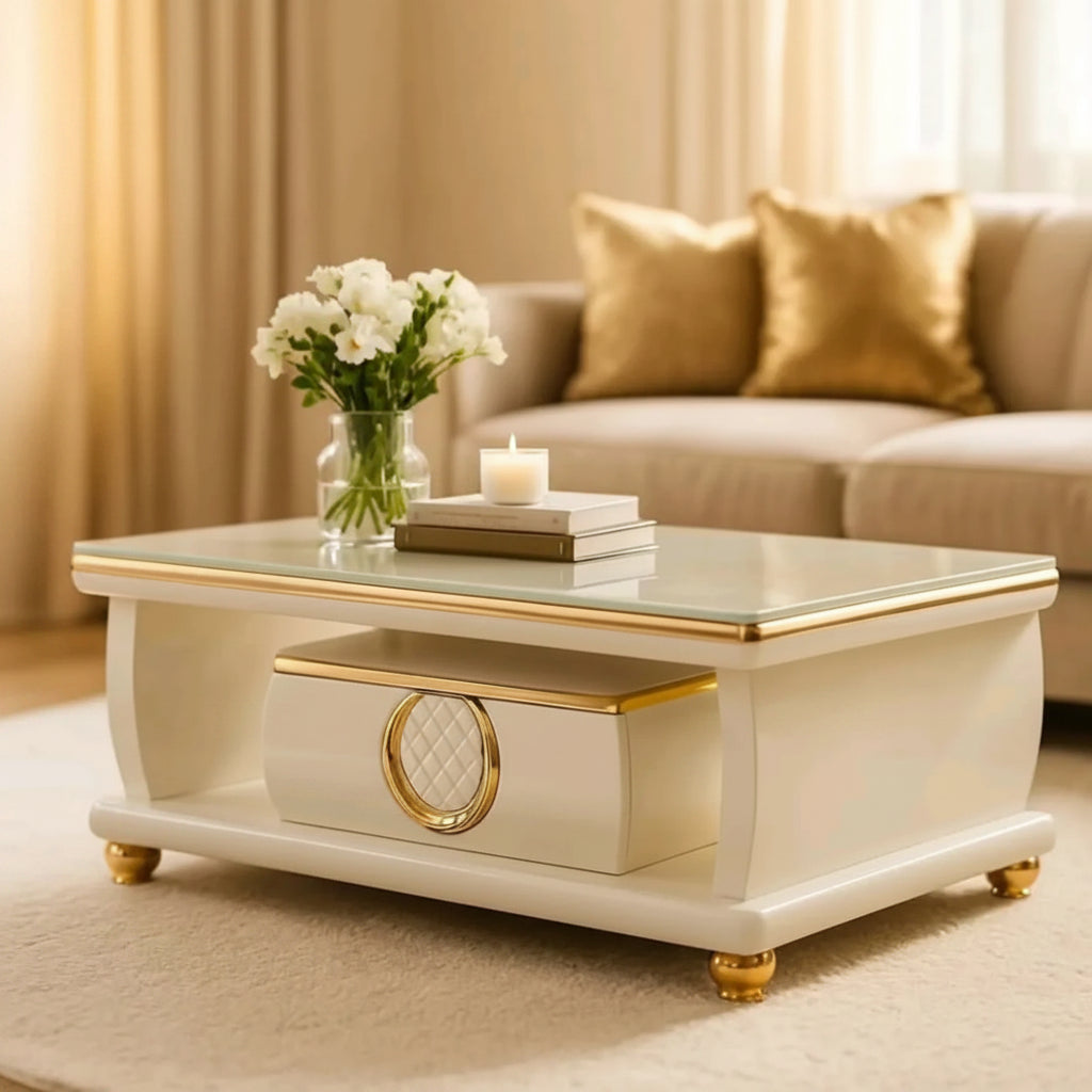 Gemelli Collections luxury coffee table with frosted marble glass top, high-gloss white MDF body, gold trim, open shelves, centre drawer, and gold metal feet for modern living room décor