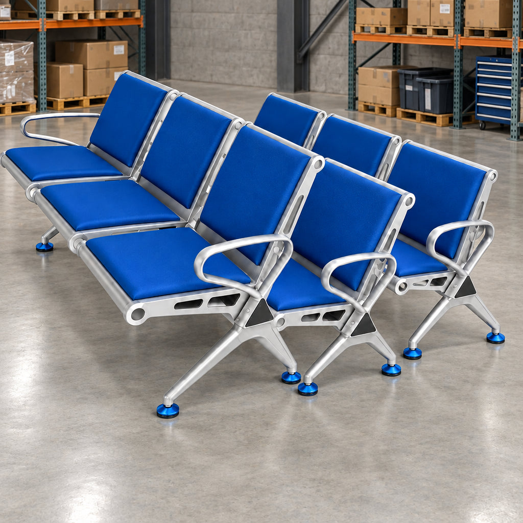 3-Seater Waiting Bench, Blue Fabric Seats with Silver Metal Frame -Gemelli Collections