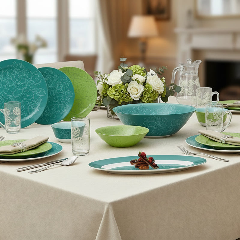 Luminarc Fleurs De Bach 46-piece dinner set with plates, bowls, mugs, cups, platter, salad bowl, and jug.