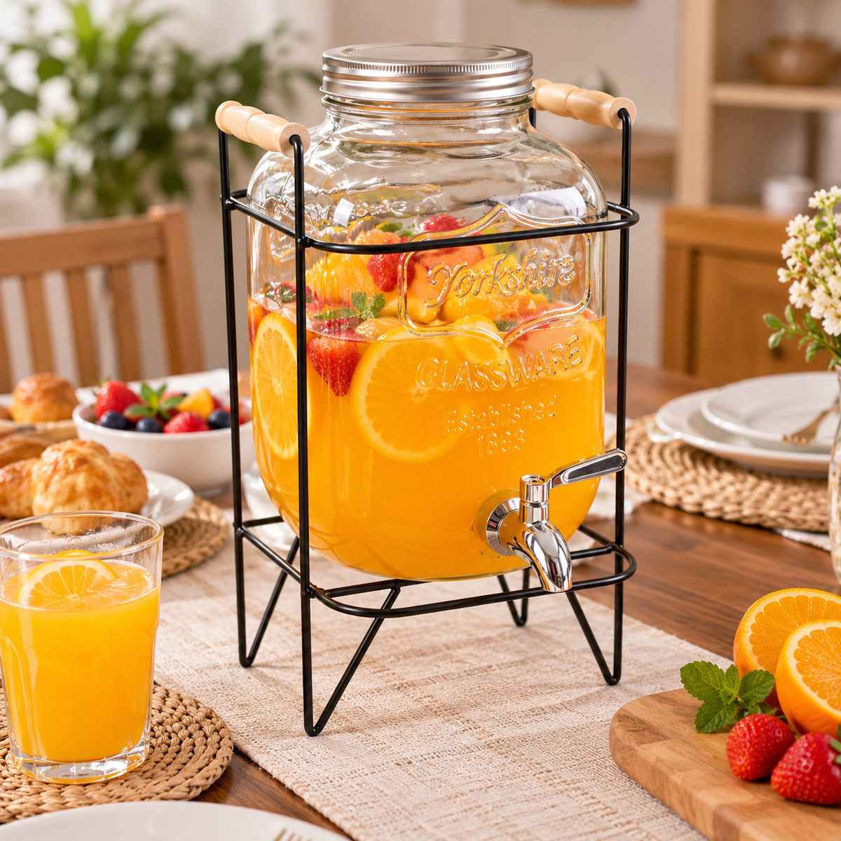 8L double glass juice dispenser with black metal stand for serving beverages, available in Nairobi, Kenya