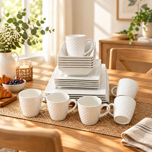 Gemelli Collections 24-piece dinner set available in black and white for everyday dining and table settings