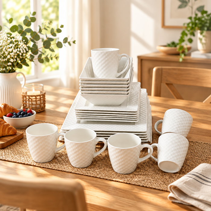 Gemelli Collections 24-piece dinner set available in black and white for everyday dining and table settings