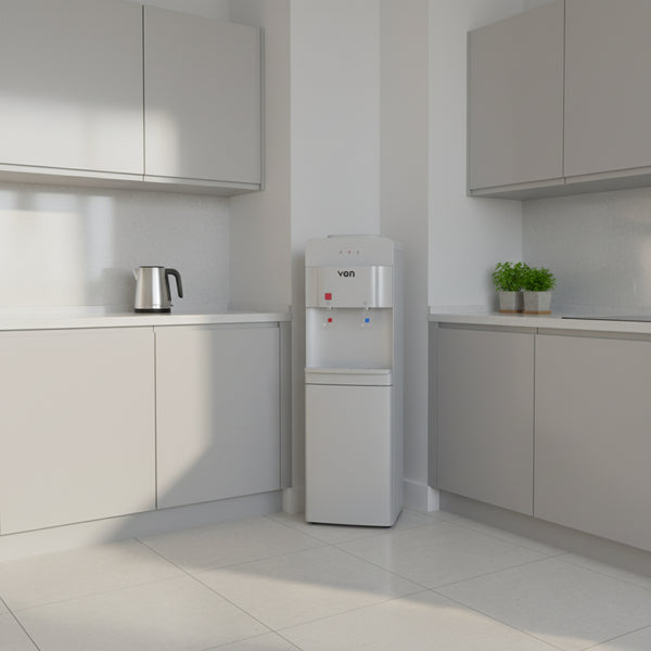 hot and normal water dispenser silver top loading freestanding water cooler with storage cabinet child lock hot water tap kitchen office appliance
