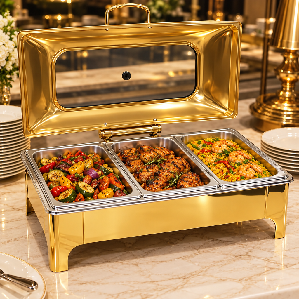 9L gold and silver chafing dish for buffet serving, triple configuration, available in Nairobi, Kenya