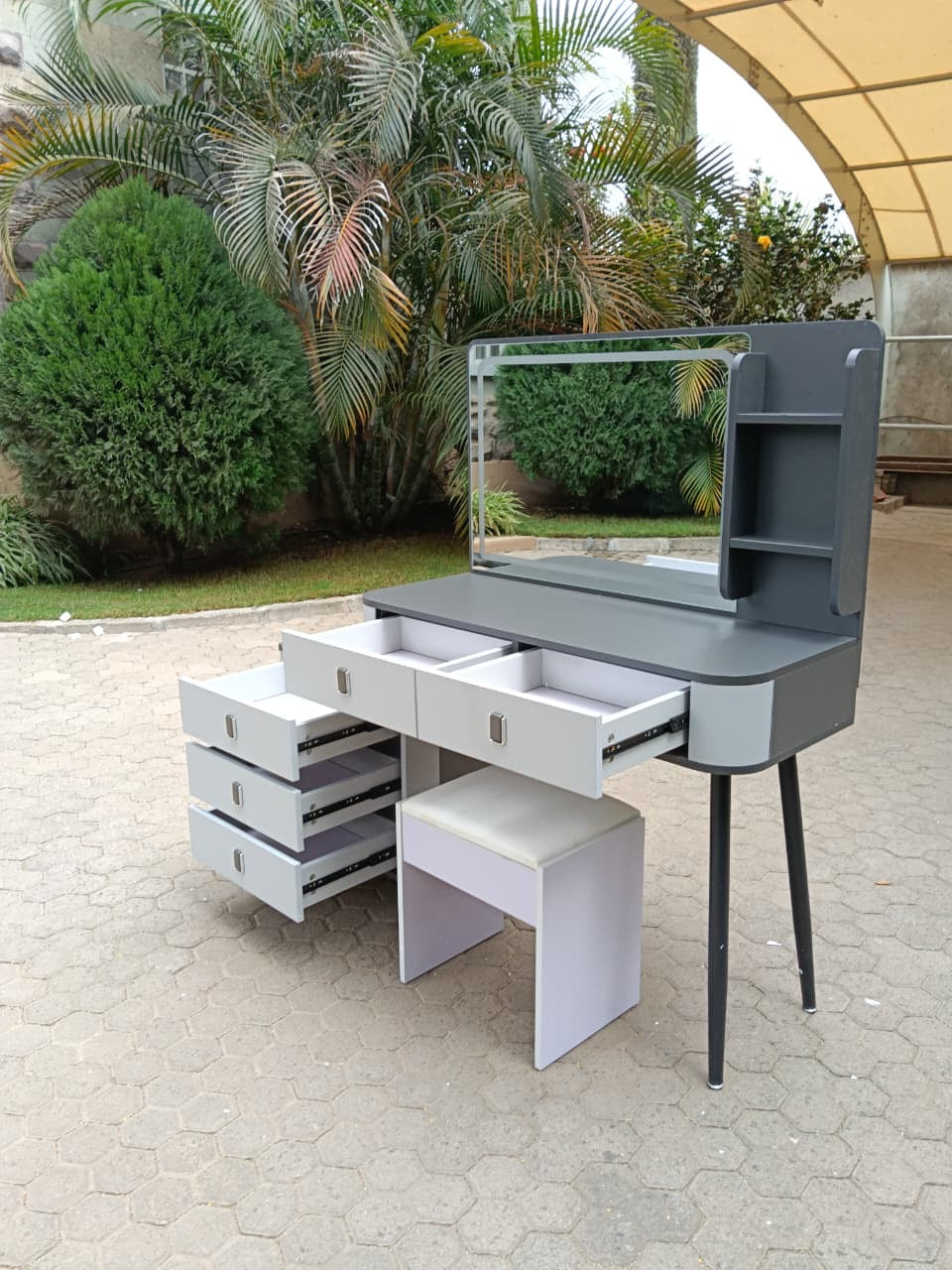 LED Dressing Table with Drawers, Shelves, and Stool