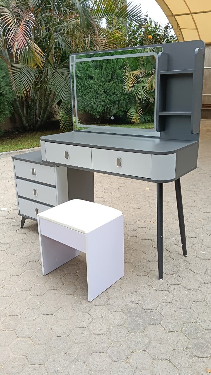 LED Dressing Table with Drawers, Shelves, and Stool