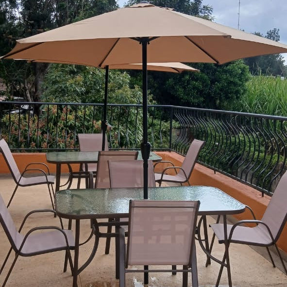 6-Piece Bistro Set – 4 Chairs, Glass Rectangular Table & Umbrella