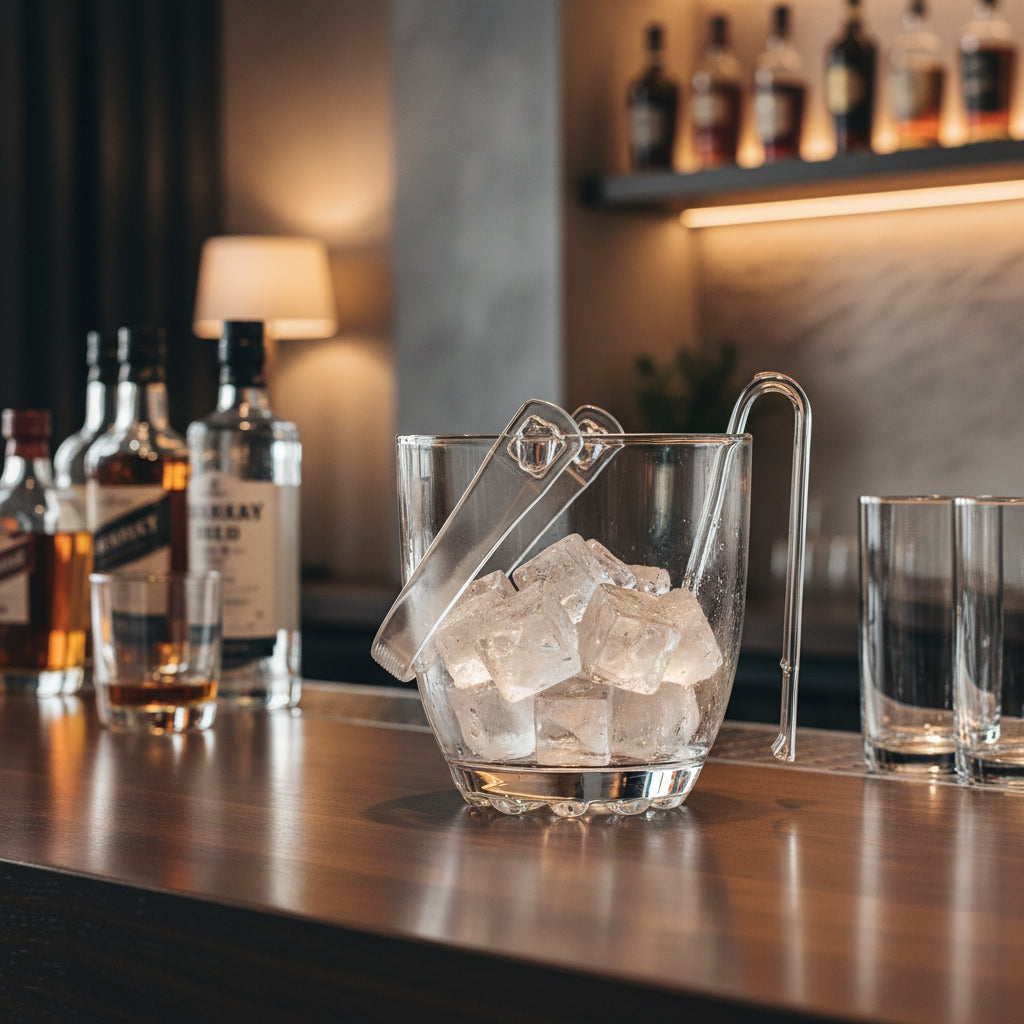 800ml glass ice bucket with weighted base, comfort loop handle, and matching ice tongs, 12.8 cm tall, 12 cm diameter