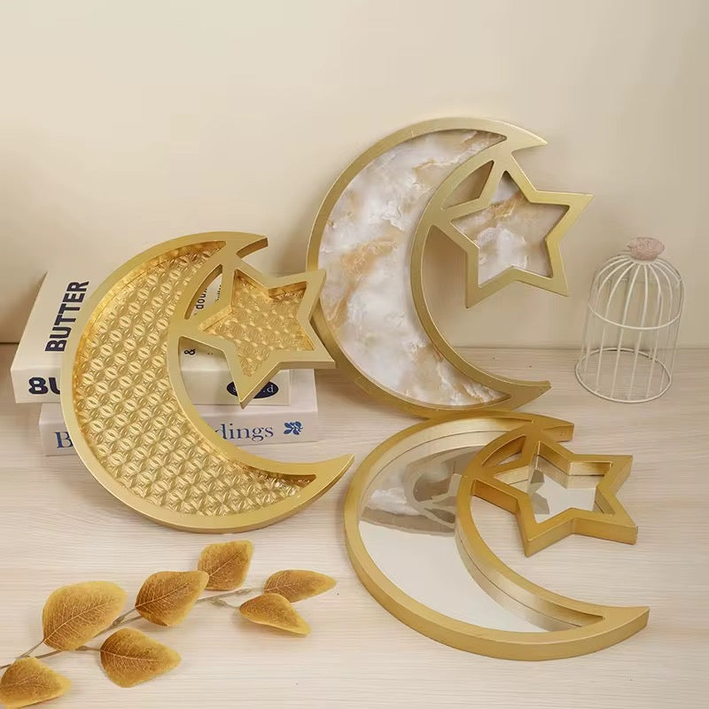 Moon and star shaped decorative serving tray used for Ramadan and Eid table décor and serving dates or sweets.