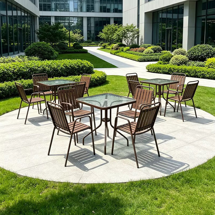 Outdoor square patio dining table with textured tempered glass top and brown metal frame, 80cm wide and 70cm high.Outdoor Furniture Nairobi Kenya
