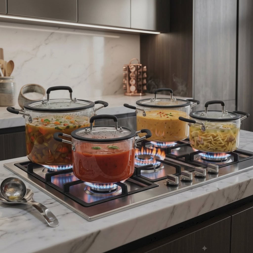 Gemelli Collections 2-in-1 borosilicate glass cook and serve pot set with 4 pots in 2.5L, 3.5L, 4.5L and 5.5L capacities, silicone lids and anti-burn handles.