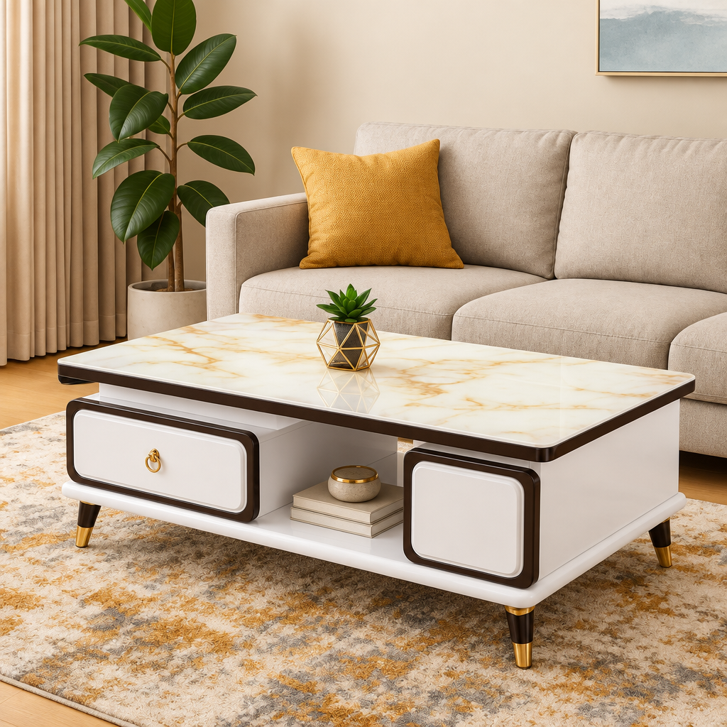Marble-Pattern Coffee Table with Cabinet & Drawer