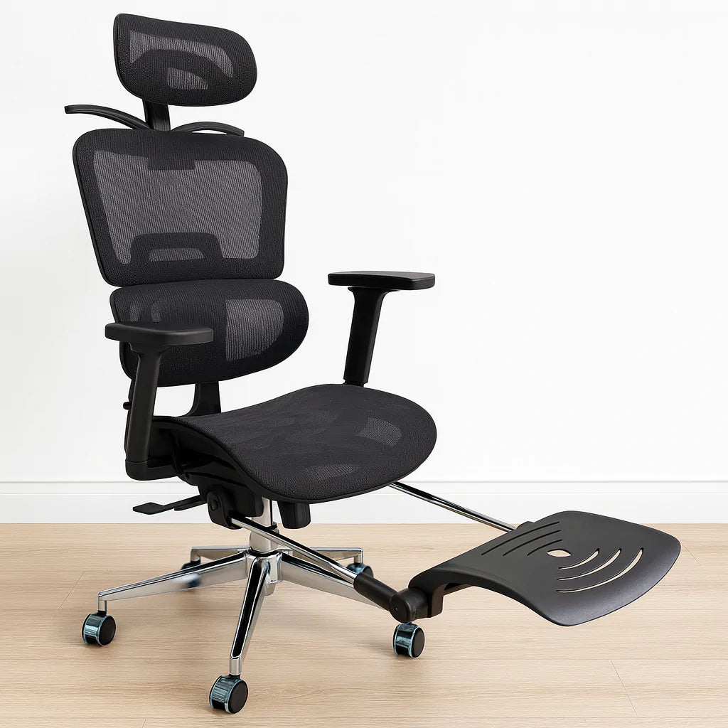 Gemelli Collections ergonomic executive office chair FOC 071 with breathable mesh back, adjustable headrest, lumbar support, retractable footrest, flip-up armrests, and chrome wheeled base