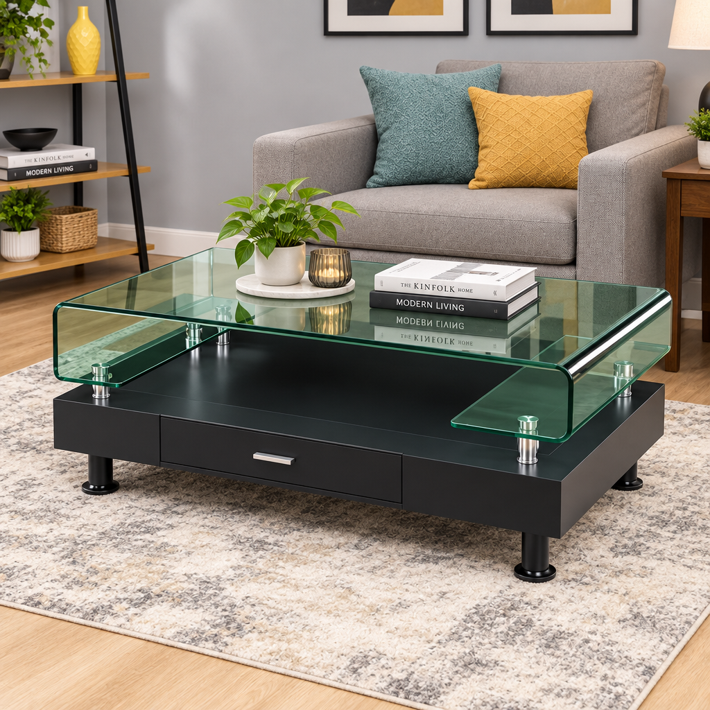 Glass-Top Wooden Coffee Table with Drawer WB314, green tempered glass top and dark wood-grain base - available in Nairobi, Kenya