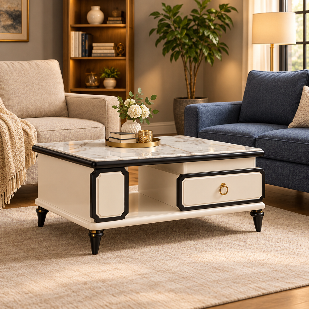 Marble-Pattern Coffee Table with Cabinet & Drawer