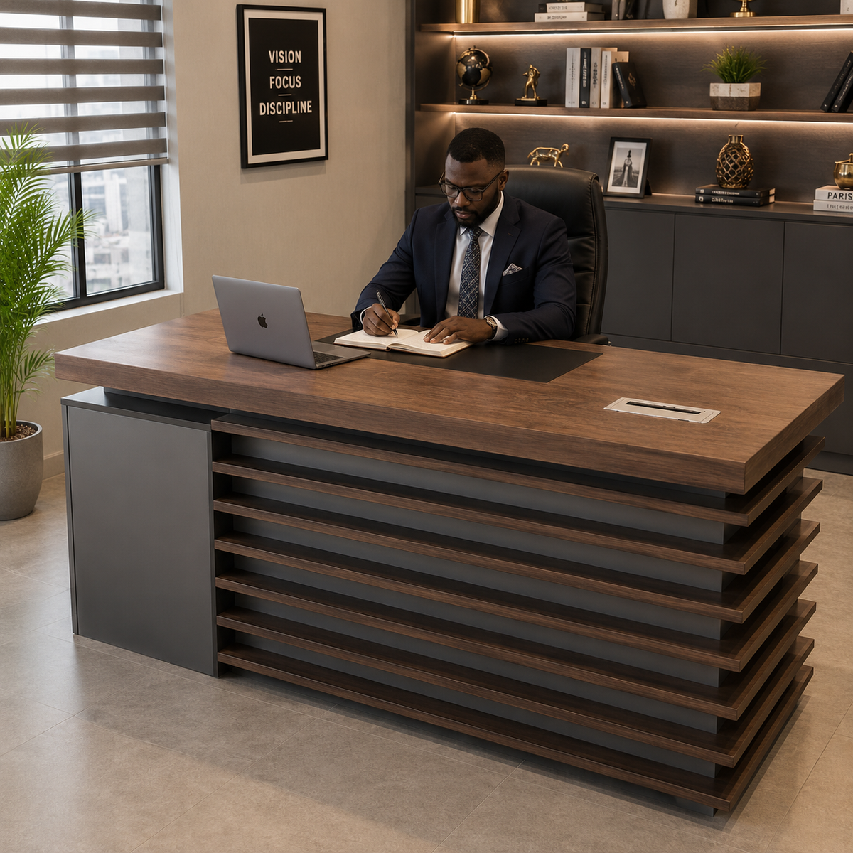 Gemelli Collection Office Desk Model L111 walnut brown executive desk with black glass top insert, cable grommet and three-drawer pedestal